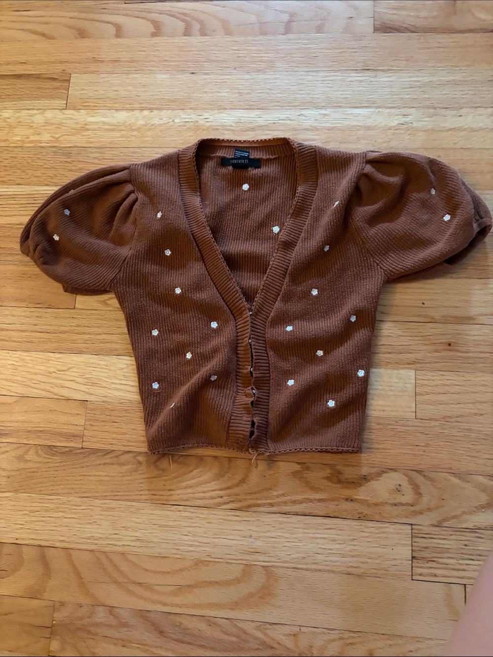 Forever 21 Brown V-Neck Puff Sleeve Polka Dot Cardigan